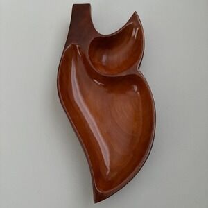 Hand Carved Wood Leaf Shaped Serving Dish Mid Century Modern Appetizer Tray